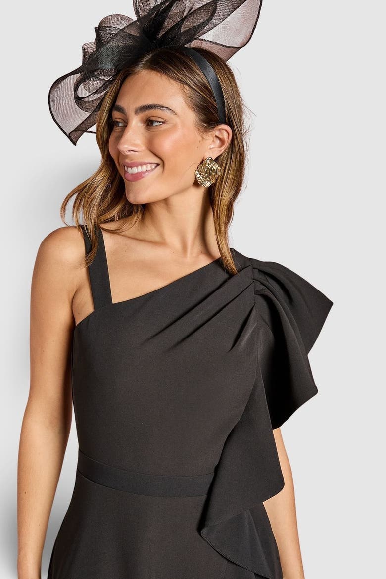 One Shoulder Crepe Ruffle Midi Dress, Alternate, color, Black