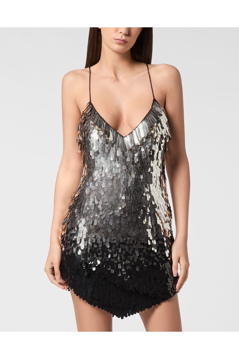 Backless Mini Dress Paillettes Women, Main, color, black/beige