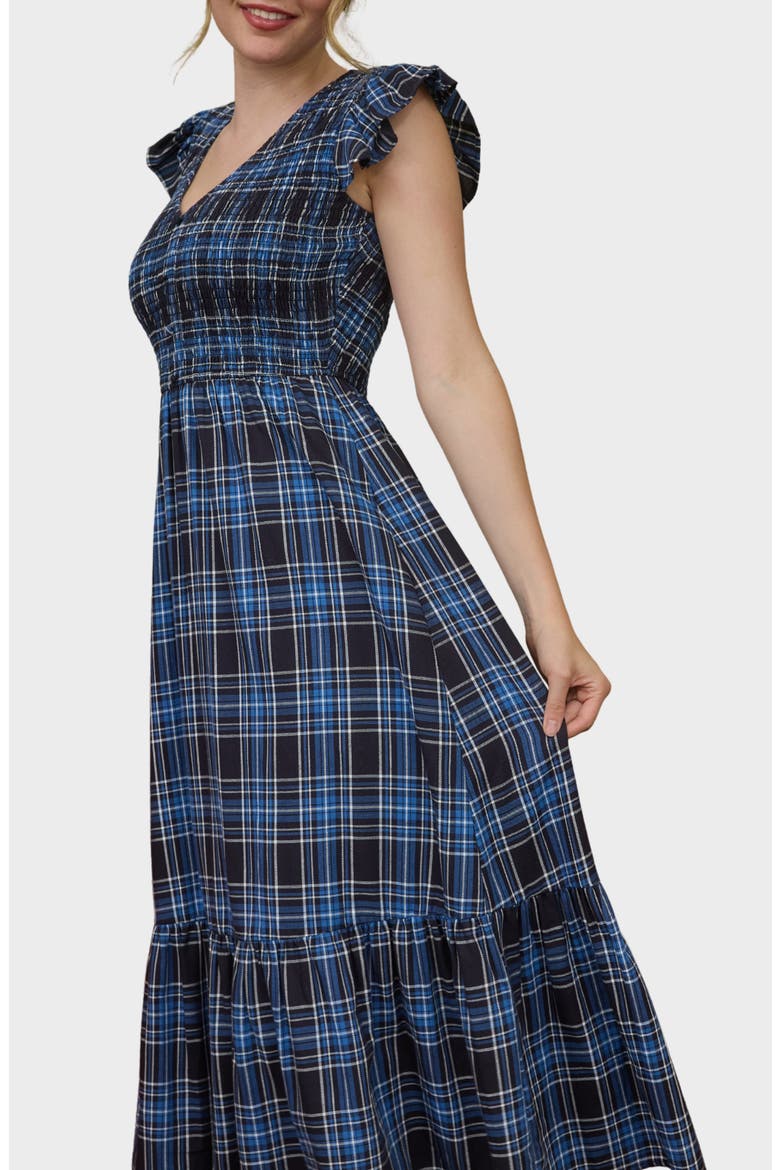 Flutter Sleeve Plaid Maxi Dress, Alternate, color, NAVY MULTI