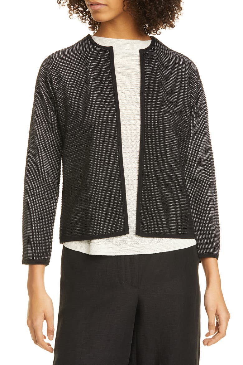Textured Silk & Organic Cotton Cardigan, Main, color, BLACK/ IVORY