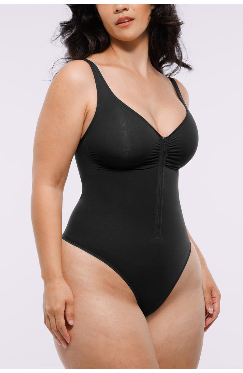 Shapellx Skin Flow Zipper Front Thong Bodysuit, Alternate, color, Classic Black