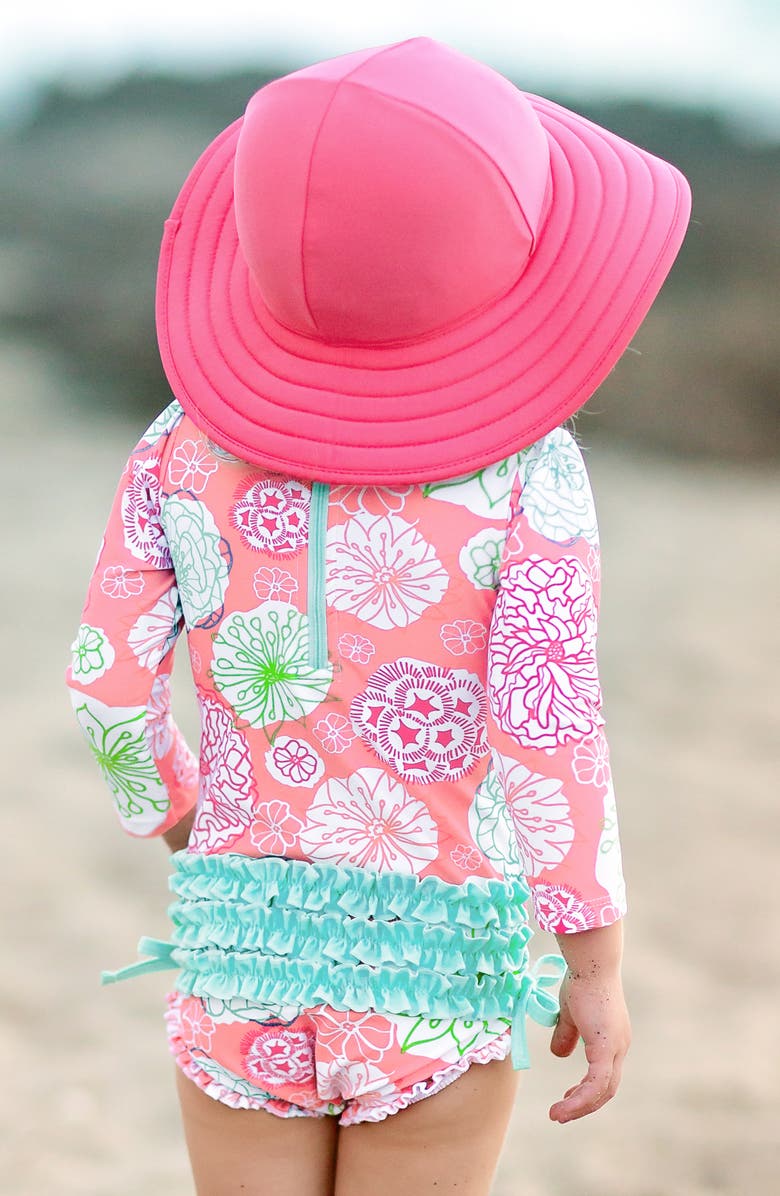 RuffleButts Tropical Garden One-Piece Rashguard Swimsuit & Reversible Sun Hat Set, Alternate, color, 