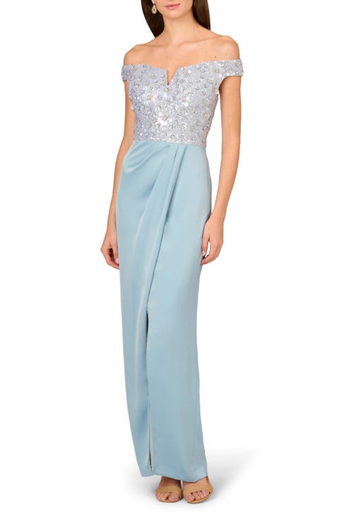 Beaded Off the Shoulder Mixed Media Gown