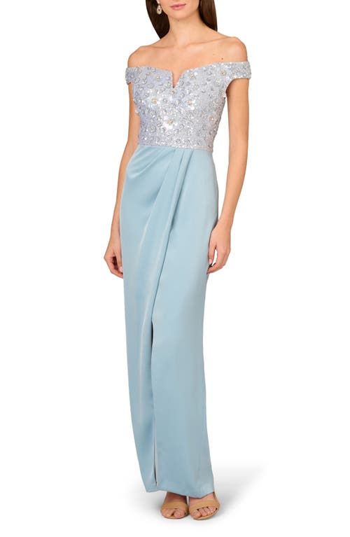 Aidan Mattox By Adrianna Papell Beaded Off The Shoulder Mixed Media Gown In Clear Water