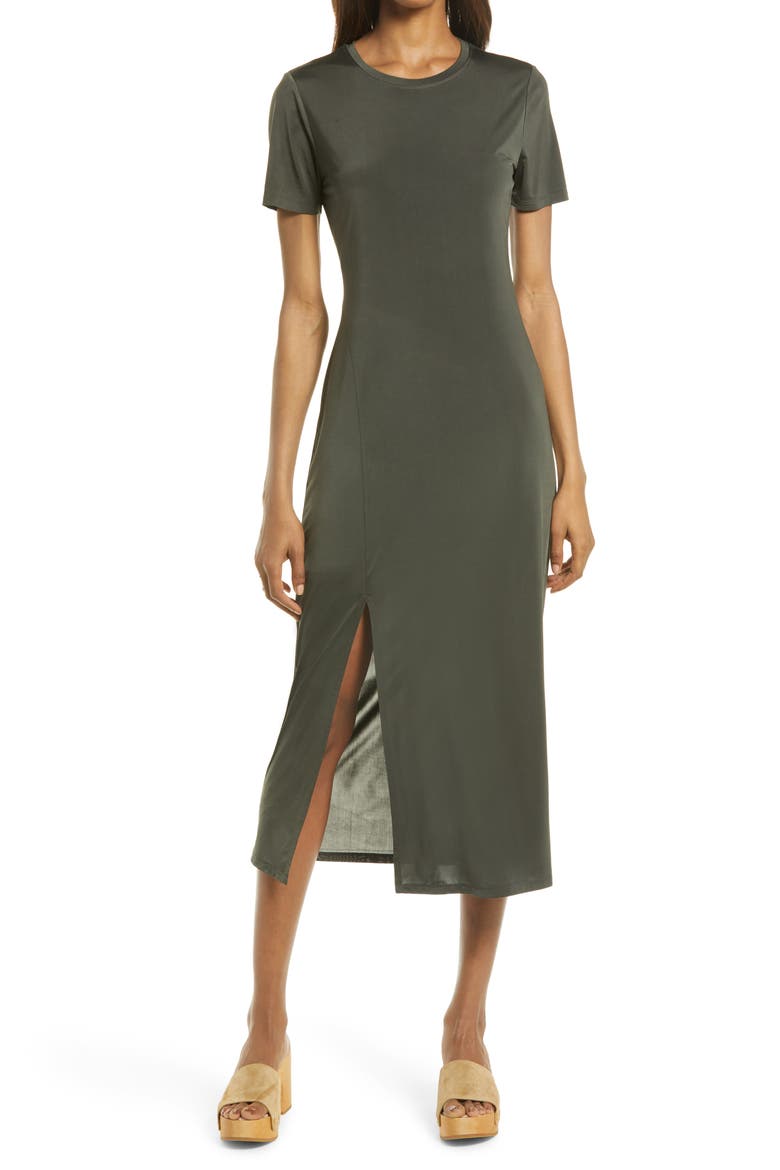 Front Slit Midi T-Shirt Dress, Main, color, HUNTER GREEN