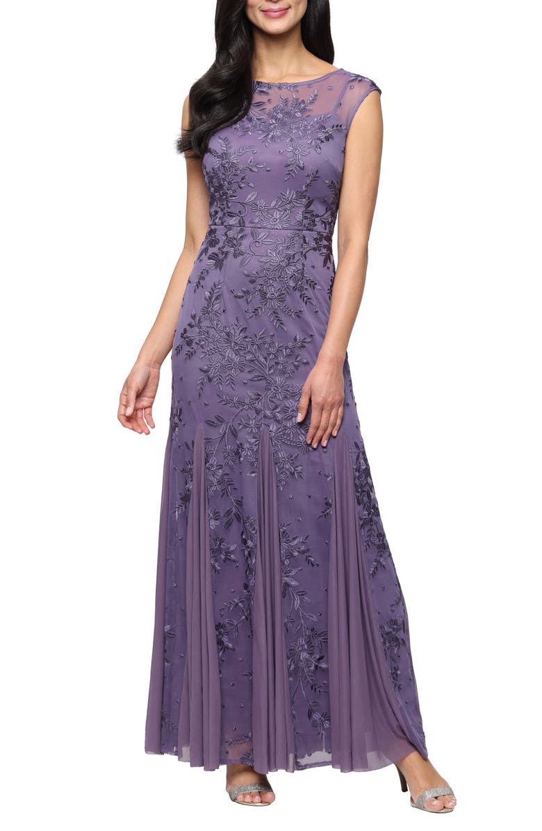 Alex Evenings Embroidered Cap Sleeve Gown, Main, color,