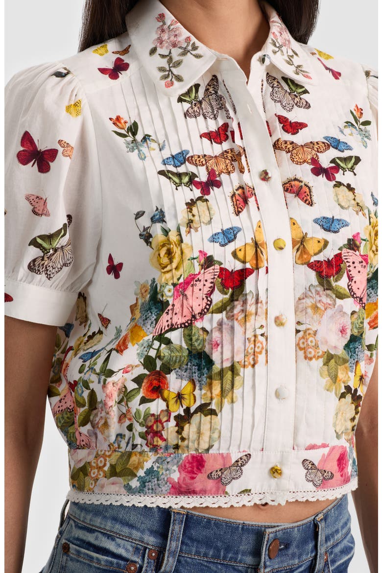Rosie Butterfly & Floral Print Pleated Cotton Button-Up Shirt, Alternate, color, SOLAR STRENGTH OFF WHITE