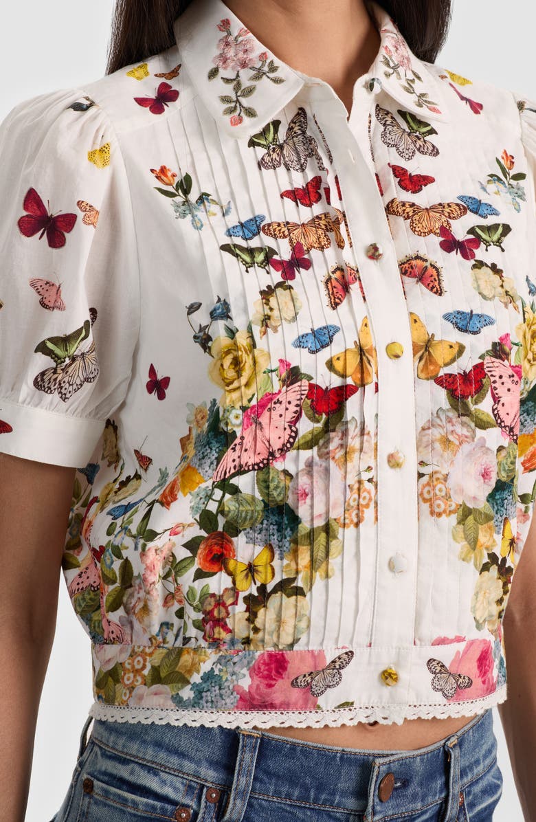 Alice + Olivia Rosie Butterfly & Floral Print Pleated Cotton Button-Up Shirt, Alternate, color, Solar Strength Off White