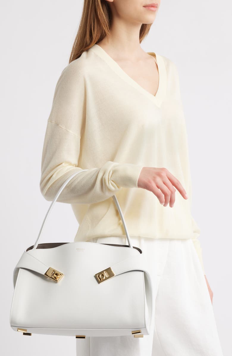 FERRAGAMO Small Hug Leather Top Handle Bag, Alternate, color, Optic White/ Concrete