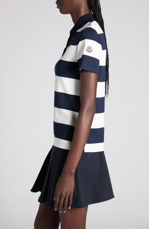 Moncler White Stripes Ss Polo In Blue