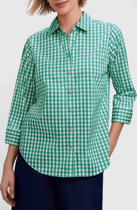 Margie Gingham Three-Quarter Sleeve Button-Up Shirt
