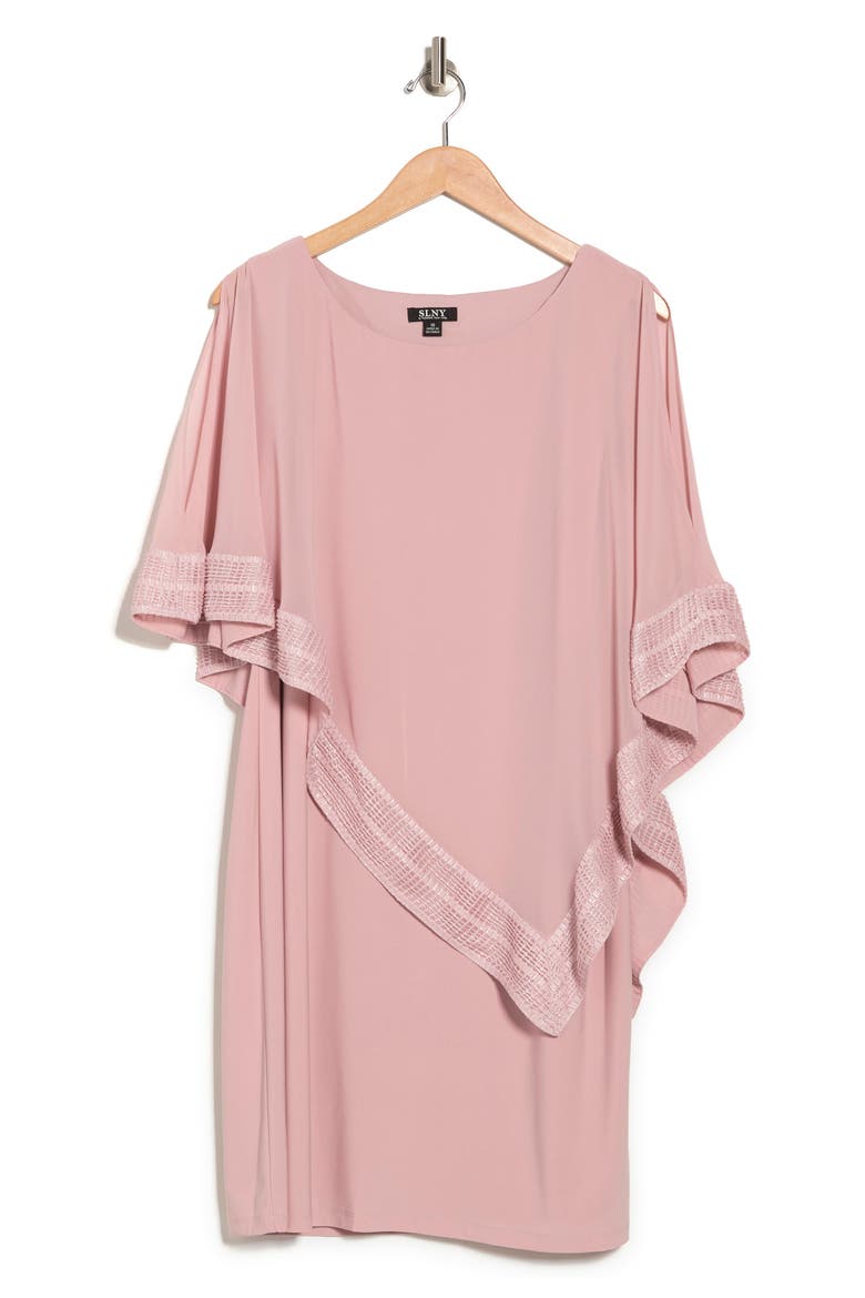 Foil Trim Asymmetrical Popover Capelet Sheath Dress, Alternate, color, FADED ROSE SILVER
