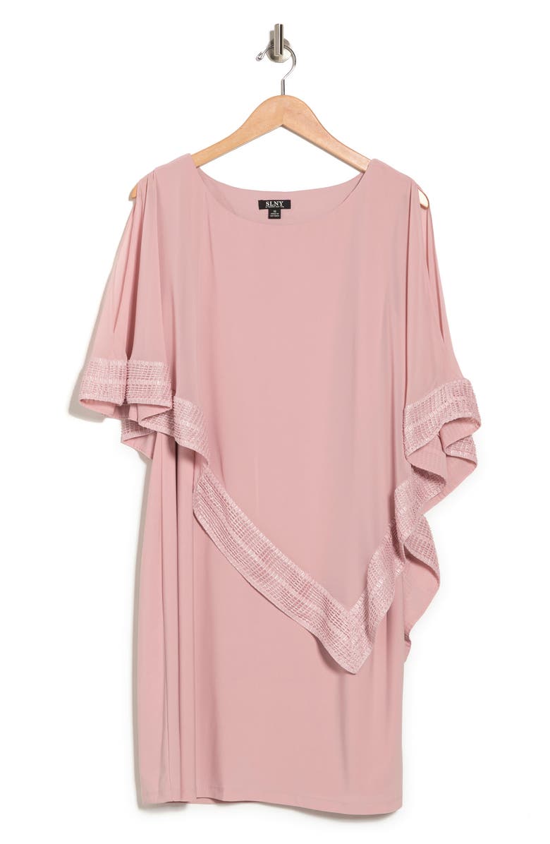 SL FASHIONS Foil Trim Asymmetrical Popover Capelet Sheath Dress, Alternate, color, Faded Rose Silver