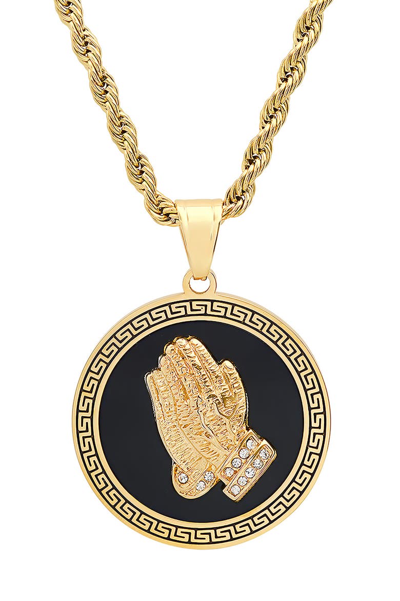 HMY JEWELRY Stainless Steel Enamel Prayer Hands Pendant Necklace, Main, color, GOLD/BLACK