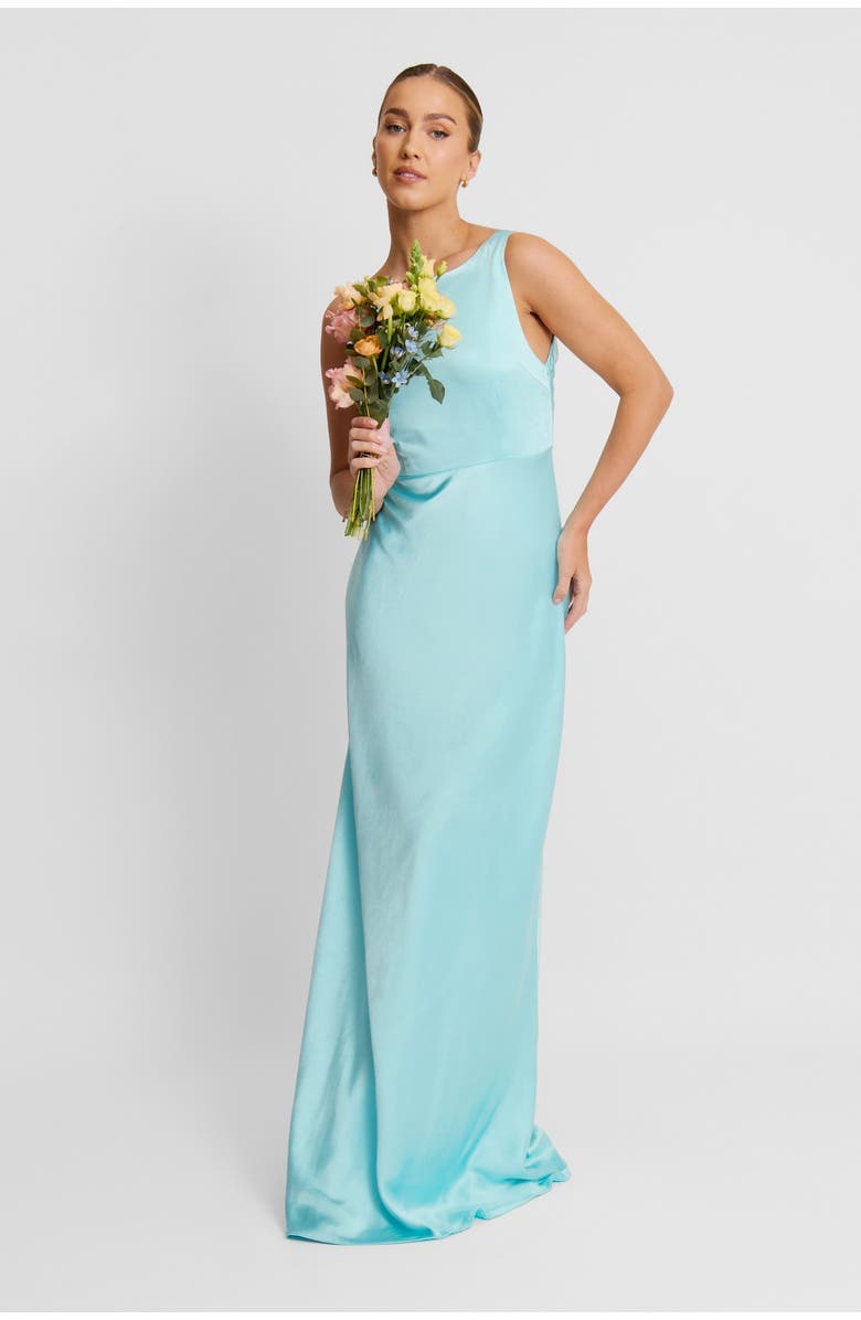 Six Stories Cowl Back Satin Bridesmaid Dress, Alternate, color, Turquoise