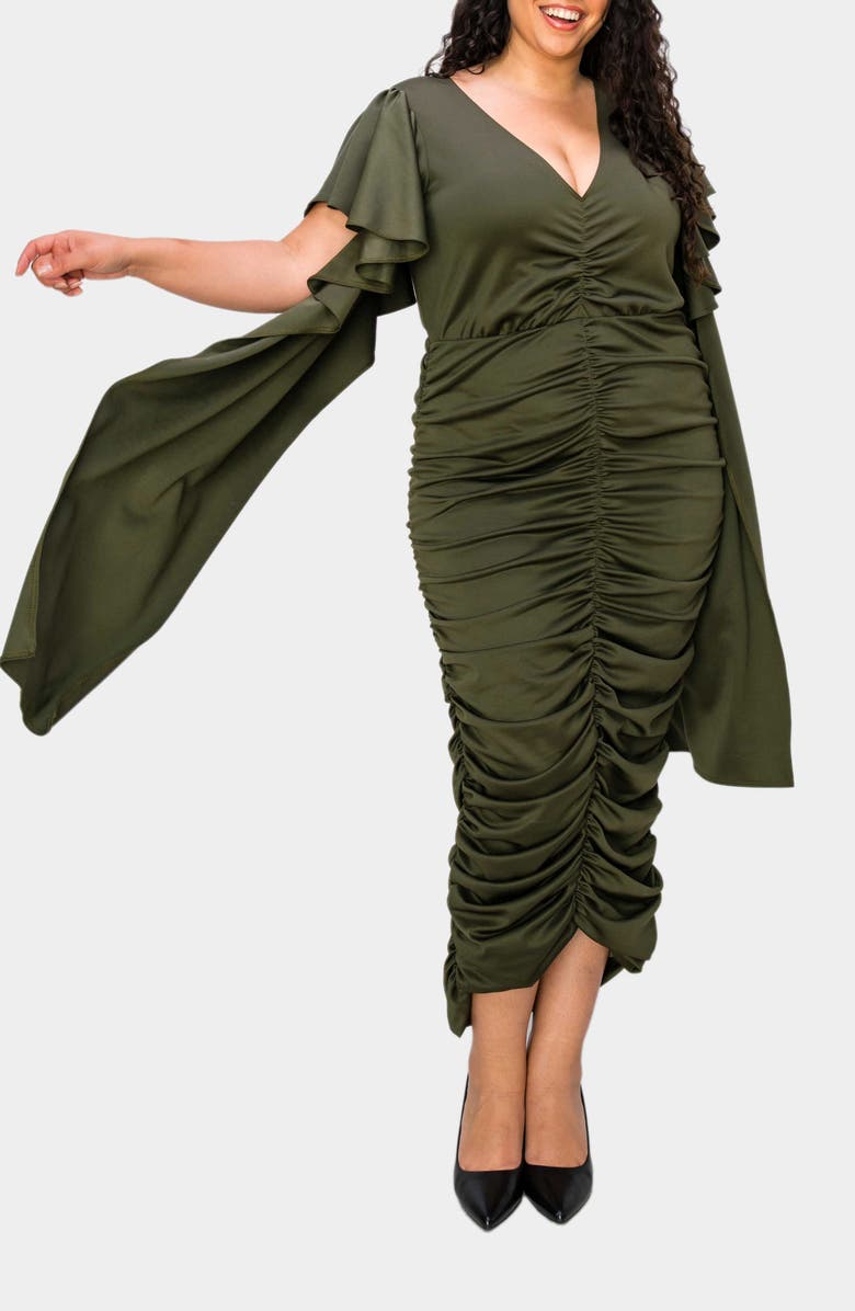 L I V D Nadia Ruched V-Neck Midi Dress, Alternate, color, Army