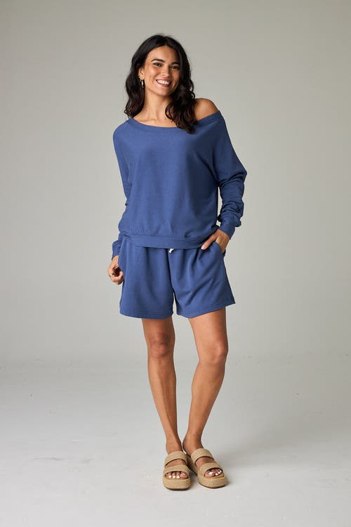 Eavolu Baikal Eco-luxe Fleece Off-shoulder Crop Top In Blue
