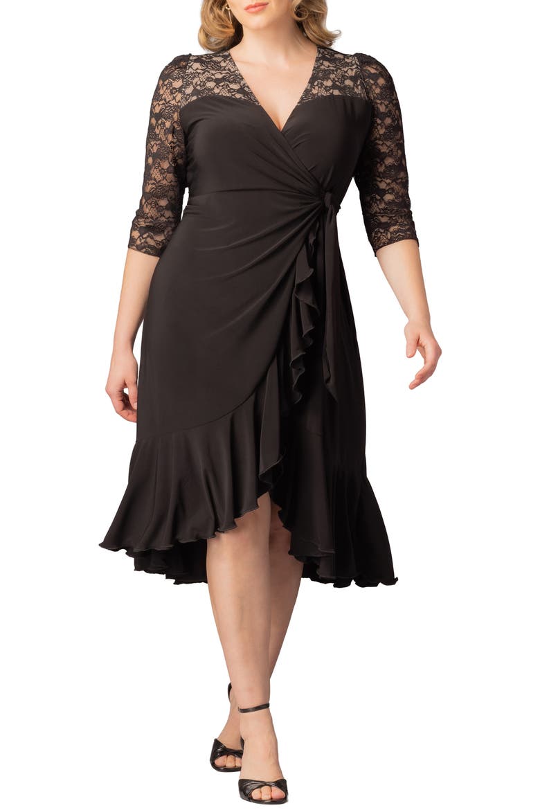 Lavish Lace Midi Wrap Dress, Main, color, BLACK NOIR