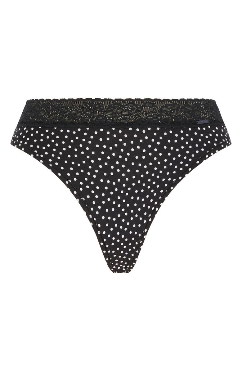 SAVAGE X FENTY Essentials Lace Trim Stretch Cotton Thong, Main, color, Black Caviar Dotted Daze Print