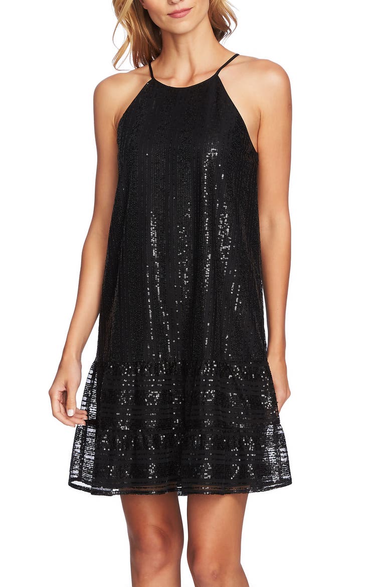 Sequin Ruffle Trim Dress, Alternate, color, RICH BLACK
