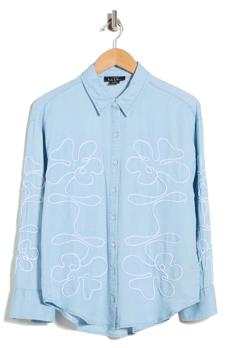 Nicole Miller Floral Embroidered Button-Up Shirt, Main, color, Light Wash/ White
