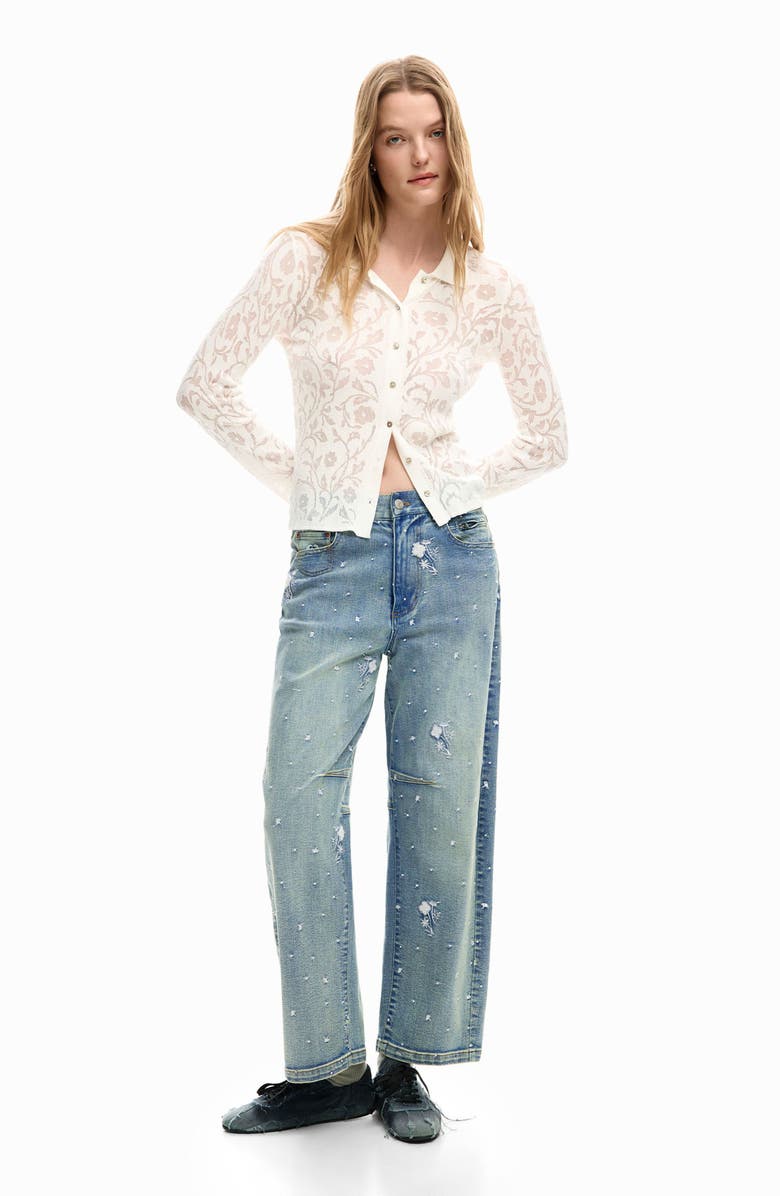 Desigual Floral Embroidery Barrel Leg Jeans, Alternate, color, Medium Blue