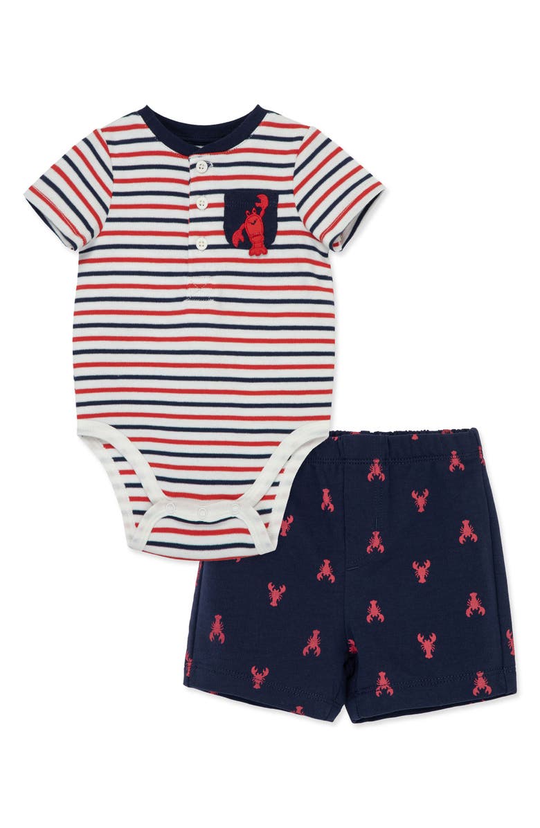 Little Me Lobster Stripe Bodysuit & Shorts Set, Main, color, 