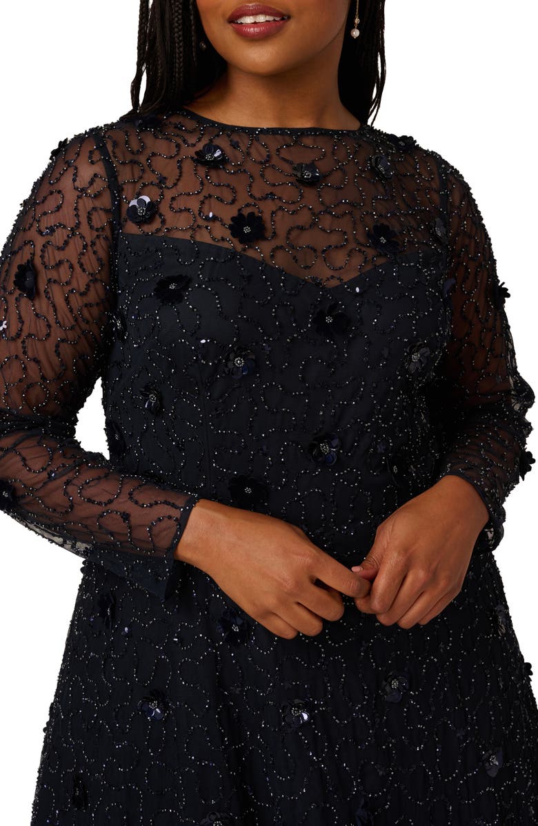 Adrianna Papell 3D Floral Beaded Long Sleeve Illusion Cocktail Dress, Alternate, color, Midnight