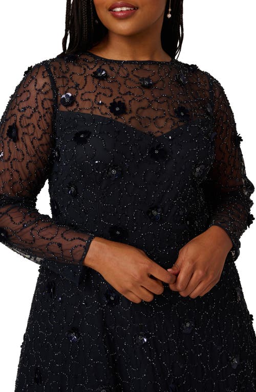 Adrianna Papell 3d Floral Beaded Long Sleeve Illusion Cocktail Dress In Black