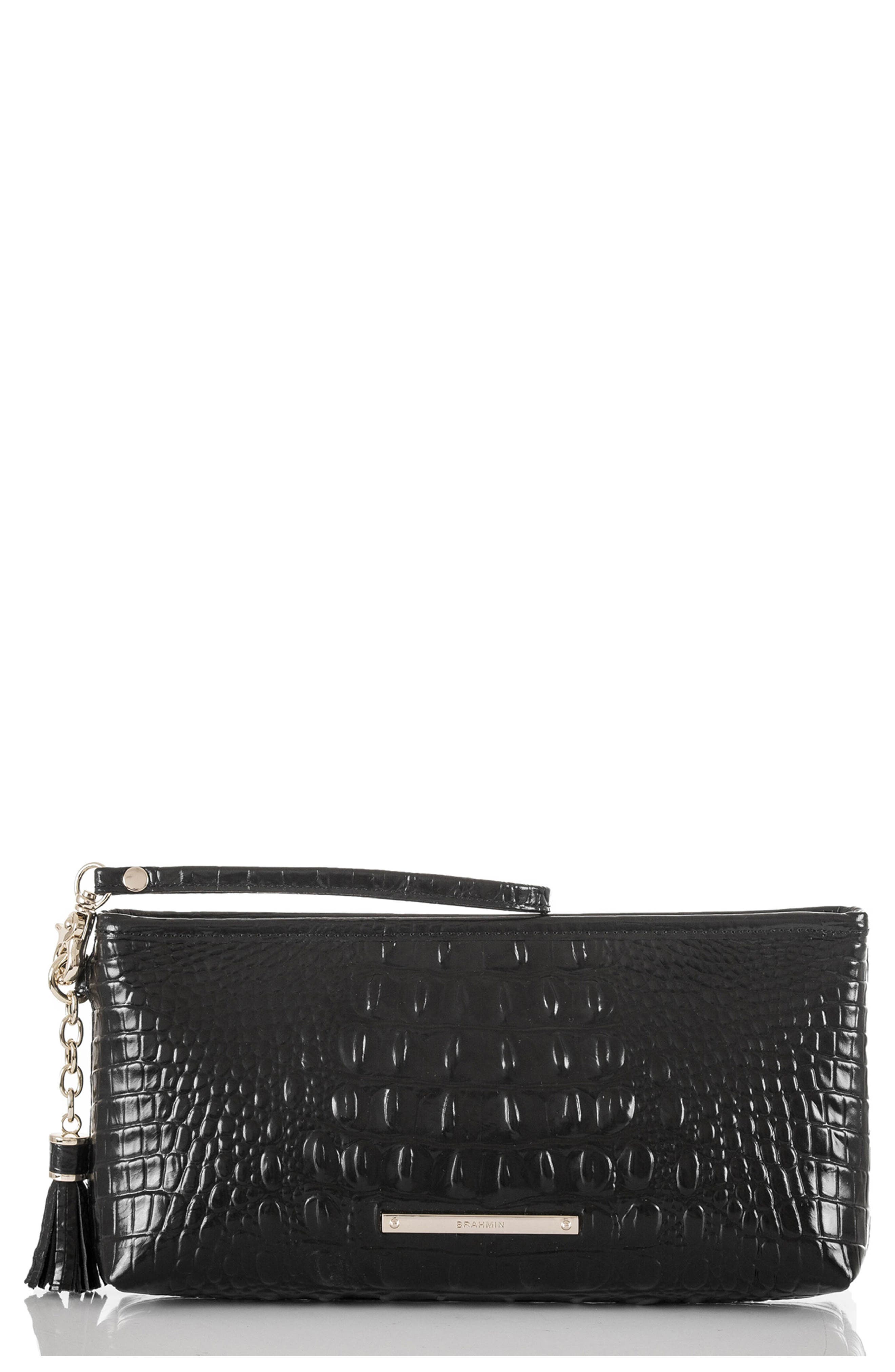 Brahmin Kayla Embossed Leather Clutch, Main, color, Black
