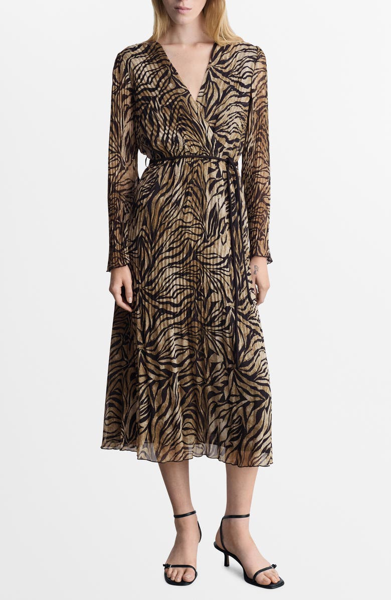 MANGO Leopard Print Pleated Long Sleeve Midi Dress, Main, color,