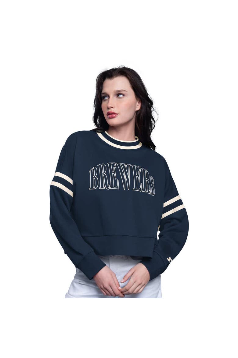 Women's Starter Navy Milwaukee Brewers Power Play Cropped Pullover Sweatshirt, Main, color, Navy