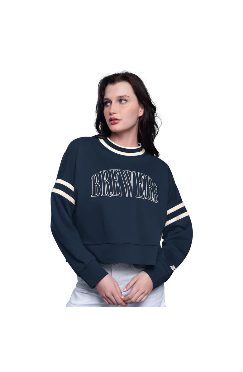 STARTER Women's Starter Navy Milwaukee Brewers Power Play Cropped Pullover Sweatshirt, Main, color, Navy