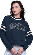 STARTER Women's Starter Navy Milwaukee Brewers Power Play Cropped Pullover Sweatshirt