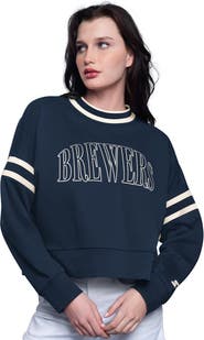 STARTER Women's Starter Navy Milwaukee Brewers Power Play Cropped Pullover Sweatshirt