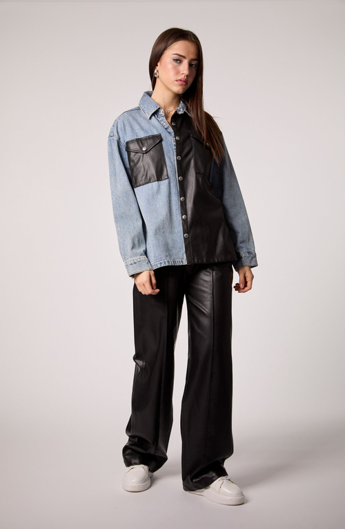 Blue Revival Unreal Leather & Denim Shacket In Blue