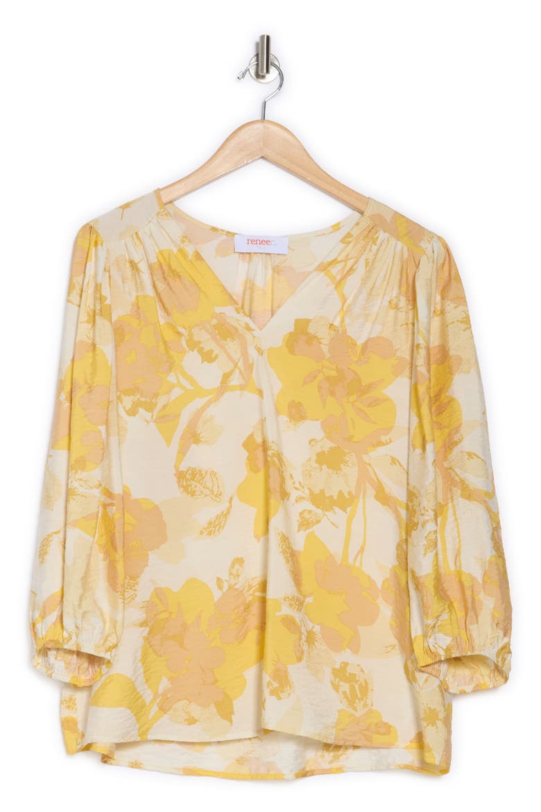 Floral V-Neck Three-Quarter Sleeve Top, Alternate, color, YELLOW