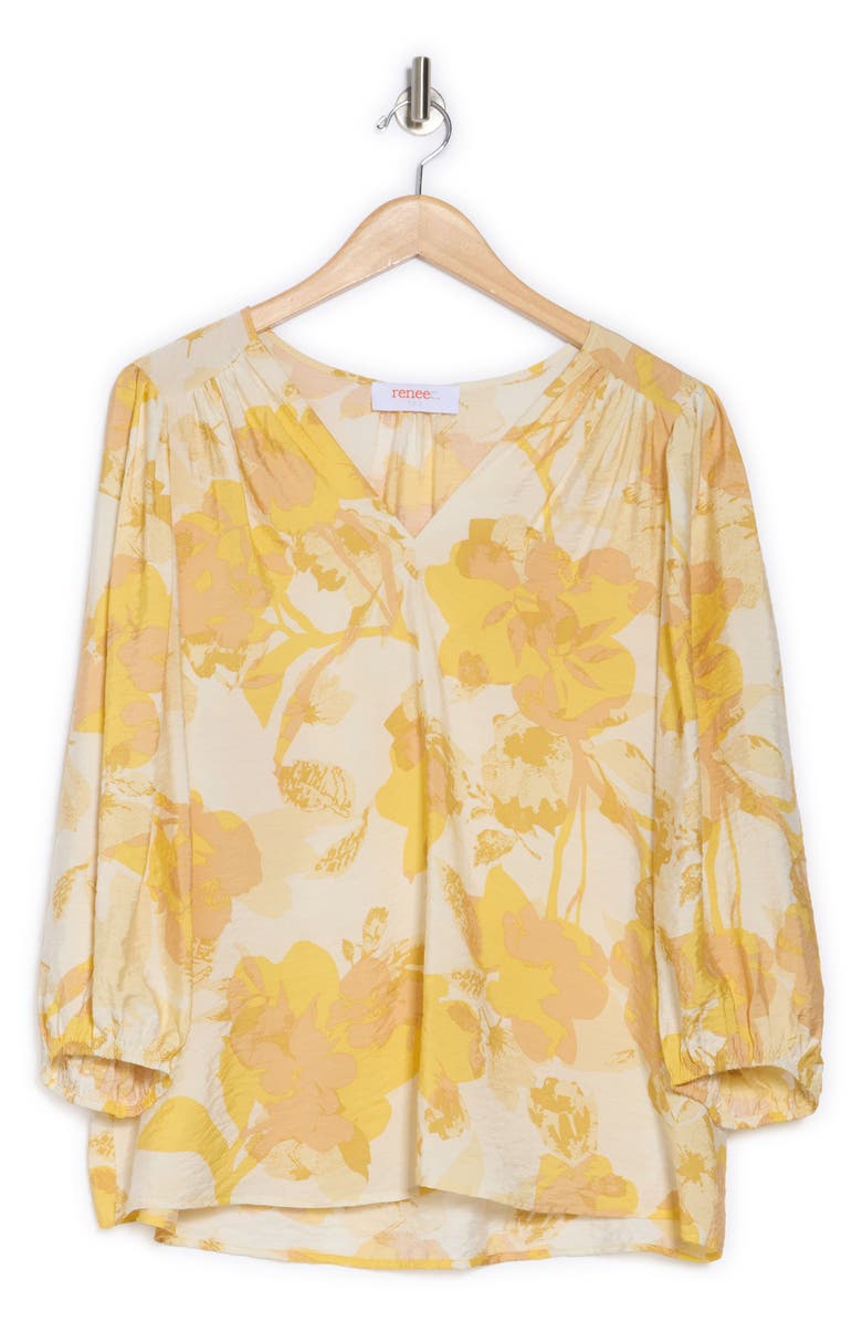 Renee C Floral V-Neck Three-Quarter Sleeve Top, Alternate, color, Yellow