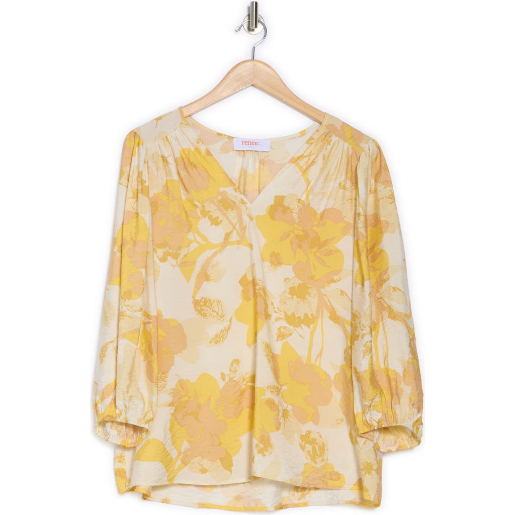Renee C Floral V-neck Three-quarter Sleeve Top In Yellow