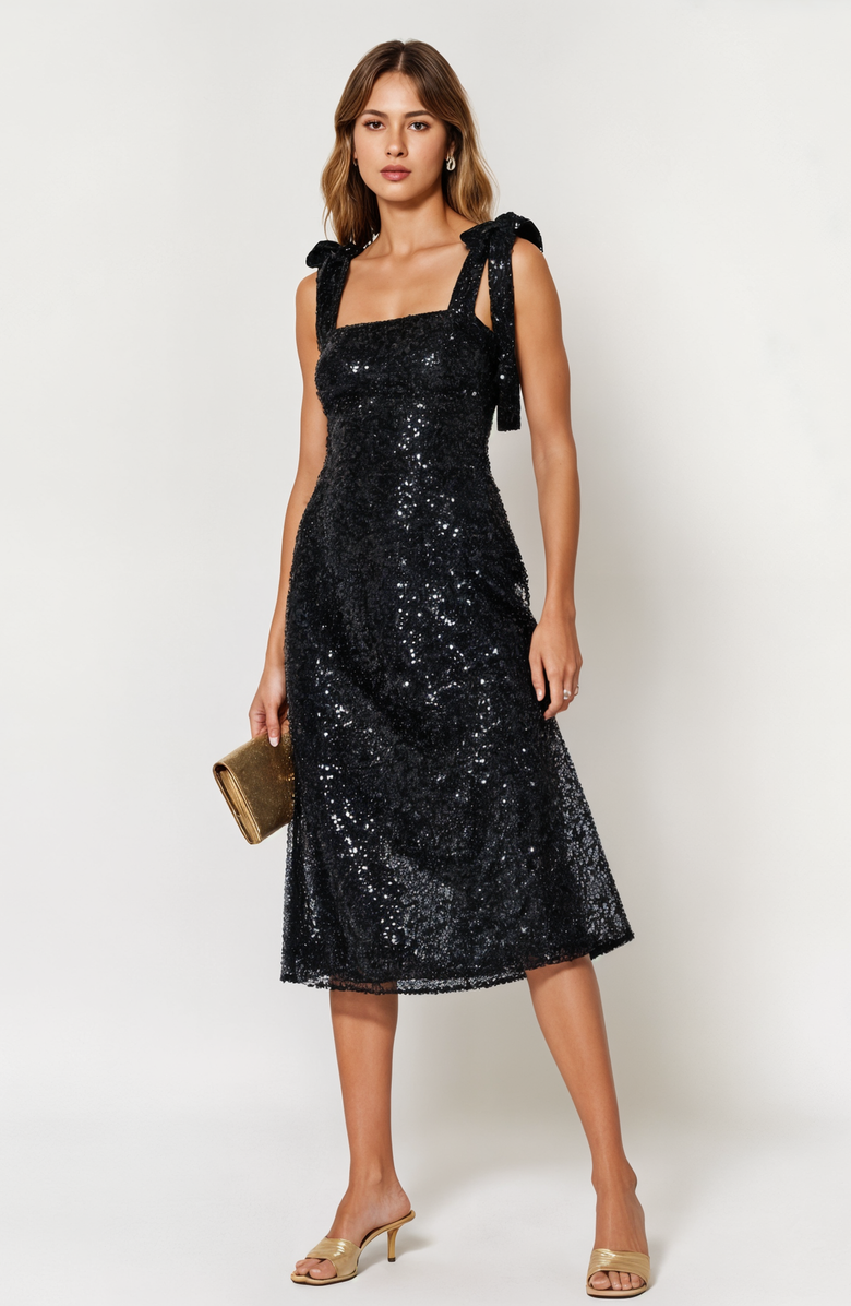 Modenaire Sequin Midi Dress with Tie Straps and Square Neckline, Alternate, color, Black Sequin
