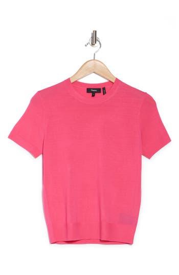 Theory P Regal Short Sleeve Wool Blend Sweater In Pink Azalea