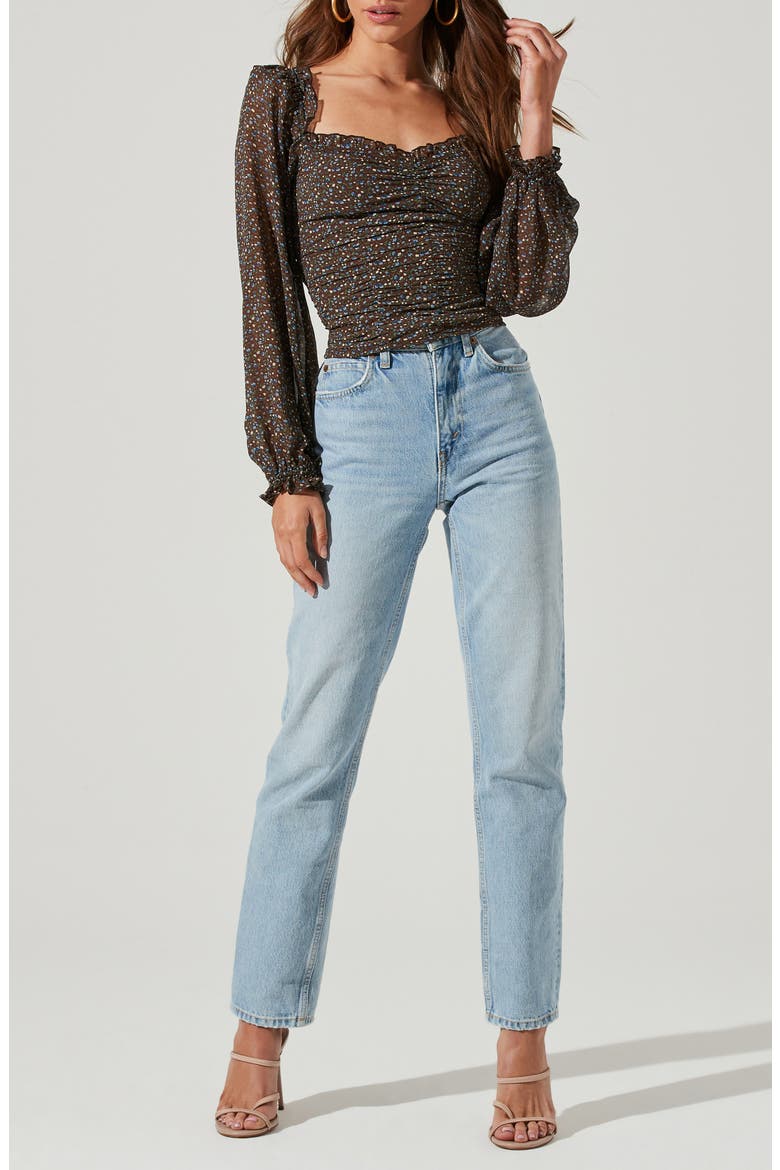 Floral Ruched Sweetheart Neck Top, Alternate, color, BROWN BLUE DITSY