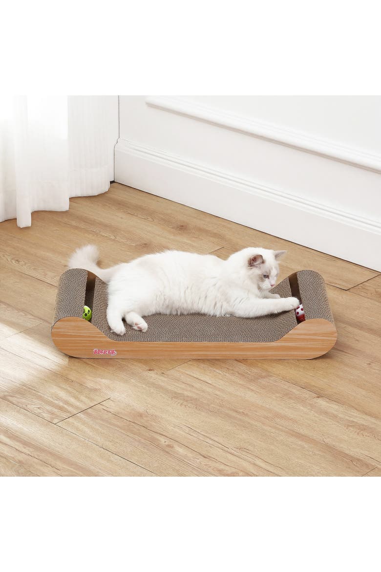 Rini Modern Cardboard Lounge Bed Cat Scratcher with Built-In Bell Toys and Catnip, Alternate, color, Oak Wood Finish