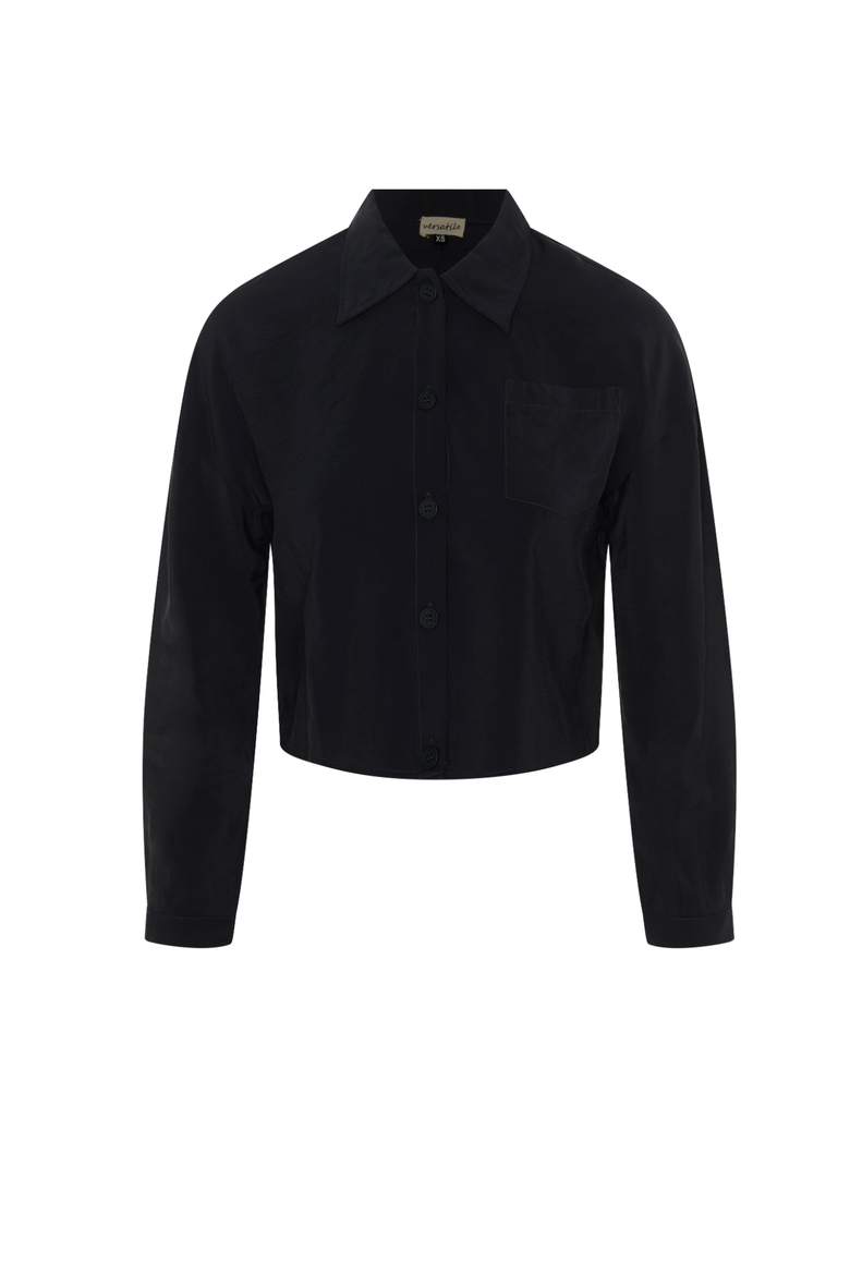 Copper Tencel Cropped Blouse - Collared, Button Front, Alternate, color, Midnight Blue