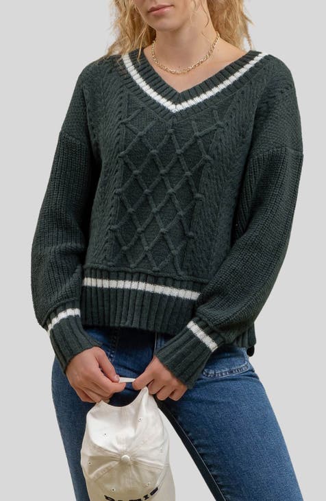 Stripe V-Neck Cable Knit Sweater