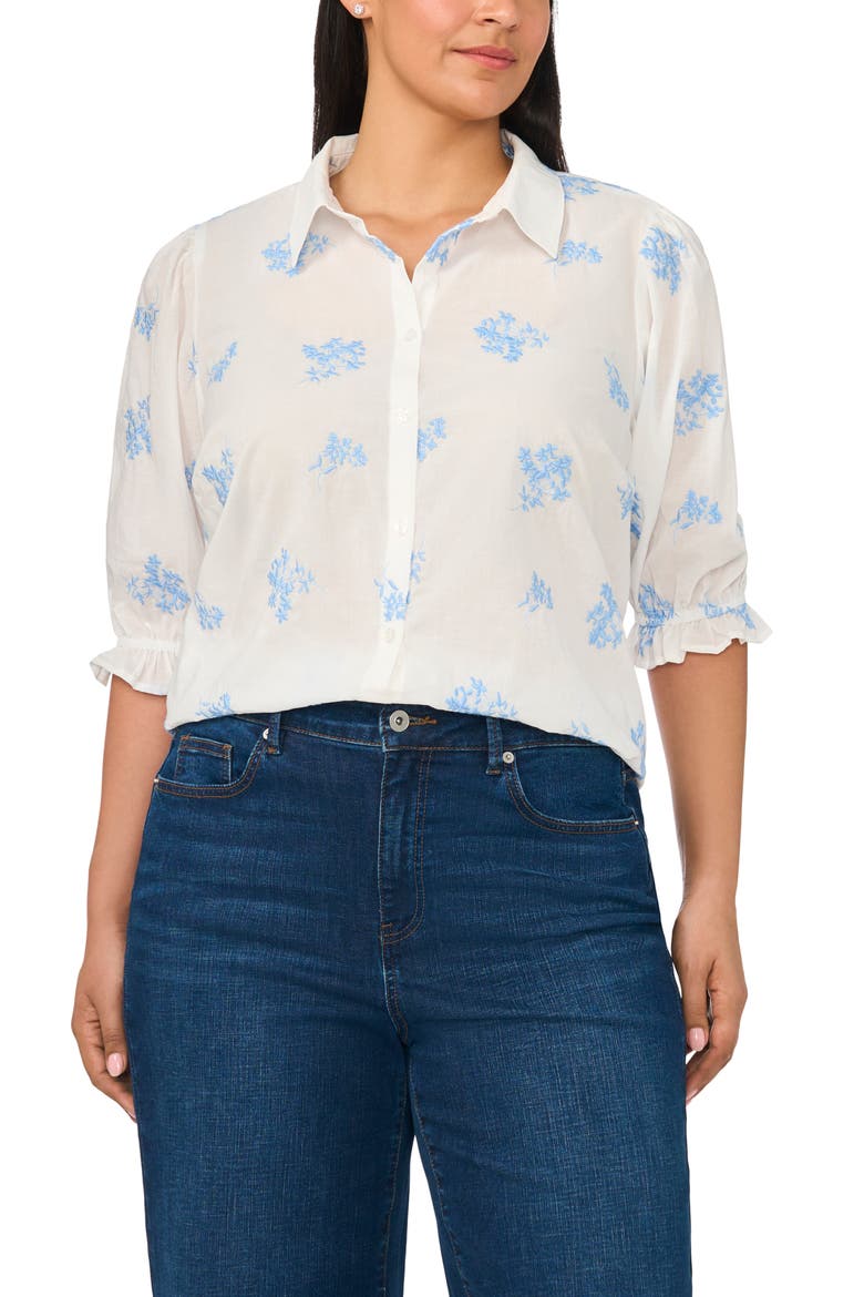 Embroidered Puff Sleeve Button-Up Shirt, Main, color, AIRY BLUE