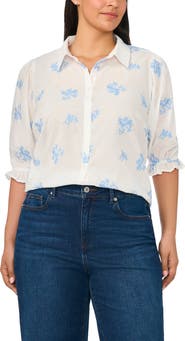 Halogen® Embroidered Puff Sleeve Button-Up Shirt