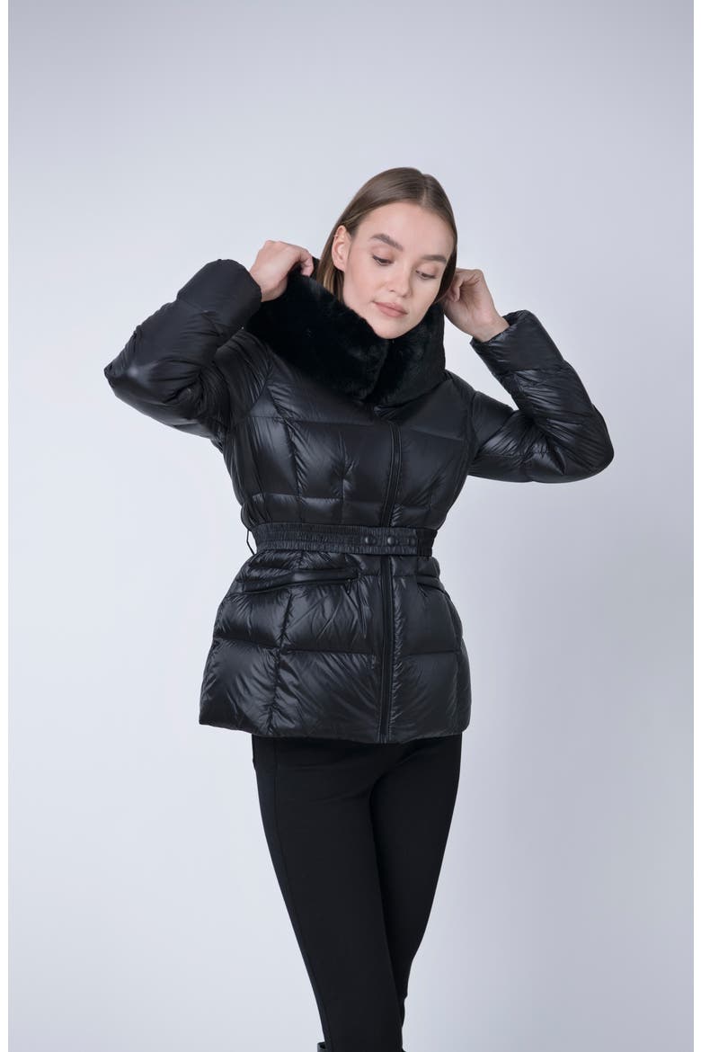 Lux Faux Fur Lined Water Resistant Recycled Nylon Down Puffer Jacket, Alternate, color, BLACK