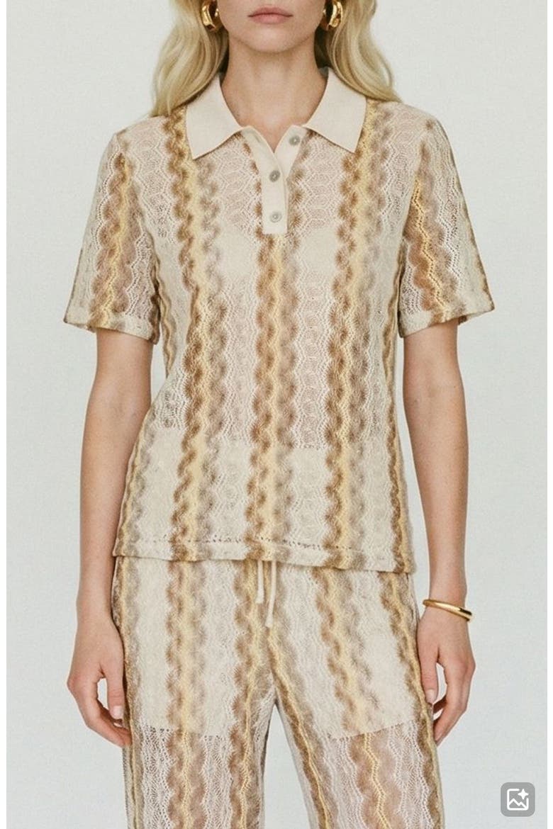 Teresa Chevron Openwork Knit Polo Top, Main, color, BIRCH PATTERN SILVER MINK GOLD