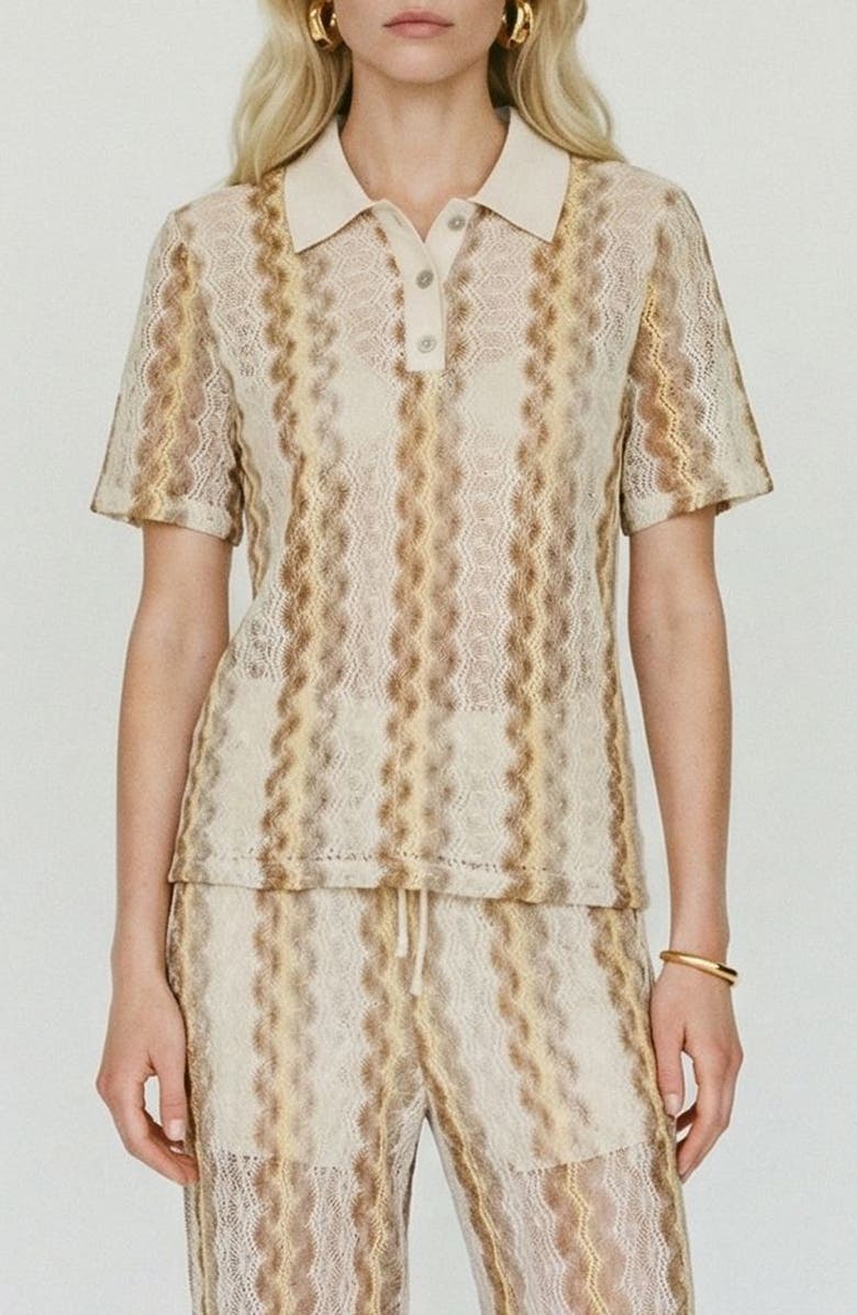 VERO MODA Teresa Chevron Openwork Knit Polo Top, Main, color, Birch Pattern Silver Mink Gold